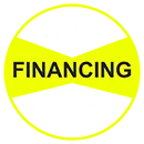 Easy finance logo with white and bright yellow letters. It's a circle on a grey background